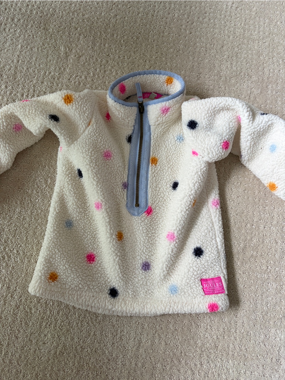Joules Kids Cream Sherpa Half Zip Pullover with Multicolor Polka Dots
